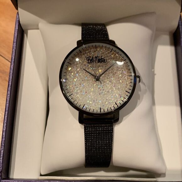 Bob Mackie Women\'s Black Alloy Bracelet Glitter Dial Mesh Watch 32mm. New in box main image 5